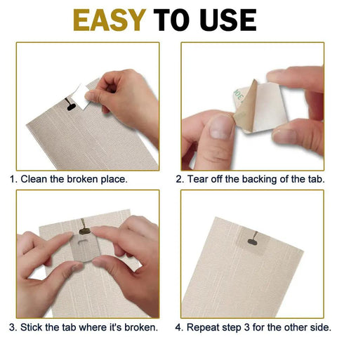 Instructional steps for Quick Fix Vertical Blind Repair Kit With Grippy Adhesive Tabs for bent or snapped slats.