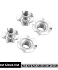Four Claw T Nuts for Wood Furniture Mounting and Speaker Installations, heavy-duty M8 threaded fasteners in various sizes.