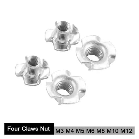 Four Claw T Nuts for Wood Furniture Mounting and Speaker Installations, heavy-duty M8 threaded fasteners in various sizes.