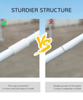 Comparison of pole connections for 10 By 20 Foot Large Outdoor Party Tent Shelter With Four Removable Window Sidewalls showing snap and simple junctions.