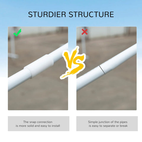 Comparison of pole connections for 10 By 20 Foot Large Outdoor Party Tent Shelter With Four Removable Window Sidewalls showing snap and simple junctions.