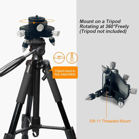 Rock Solid Laser Level Adapter Base Featuring Dead On 360 Micro Adjustment Slick Rotary Knobs And Built In Bubble Works With 1 4 And 5 8 Inch Mounts Heavy Duty No Fuss Setup Tool on tripod showing 360 rotation and 5/8 threaded mount.