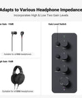 SK01 Portable Headphone Amplifier With Built In EQ And Preamp Bass Midrange Treble Tone Control And Loudness Class A Analog Amp For Electric Guitar Easy Dial In Sound 3.5mm And 6.35mm Jacks showing gain level control and headphone compatibility