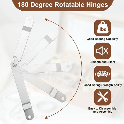 Two Pack 6.7 Inch Folding Lid Stays Built Like A Tank Heavy Duty Metal Hinges with 180 degree rotation for easy use.