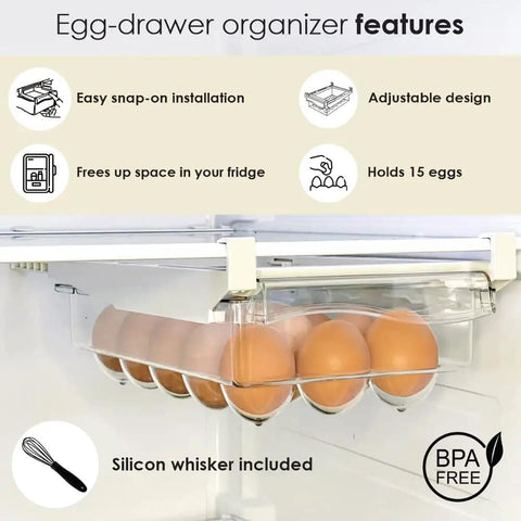 Fridge Egg Drawer Organizer With Adjustable Rack And Snap On Install Clear Egg Storage Bin That Fits Up To 15 Eggs and BPA Free