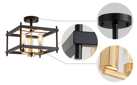 Farmhouse Semi Flush Mount Ceiling Light Fixture with matte black and light gold finish, showing square steel frame and details.