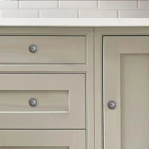 10 Pack 2.5 Inch Brushed Satin Nickel Cabinet Knobs with backplates on kitchen cabinets and drawers