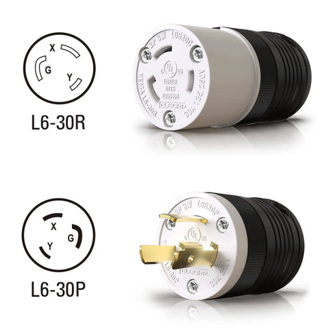 NEMA L6 30P Locking Plug And Generator Twist Lock Adapter For 30 Amp 250V 2 Pole 3 Wire Grounding Built Tough Heavy Duty Industrial Grade UL Listed One Pack Black And White