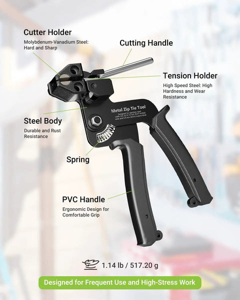 Close-up of Built Tough Heavy Duty Metal Zip Tie Tool Kit With 100 Stainless Steel Ties 11.8 Inch, showing cutter and handle