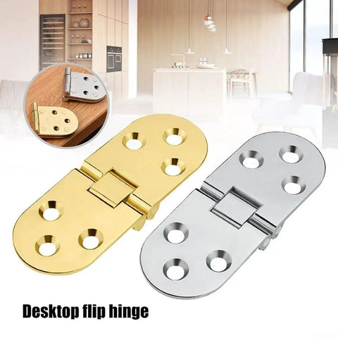 Dope 2 Pack Flush Mounted Folding Table Hinges in silver and gold finish, displayed on a wooden surface in a modern kitchen setting