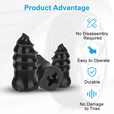Two-Size Tire Plug Kit With Screw-In Plugs And Driver, self-sealing tubeless tire plugs shown with product advantages