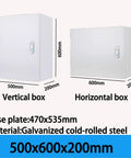 Single Piece Waterproof Outdoor Electrical Distribution Box For Junction Control Enclosure 500x600x200mm, galvanized steel, vertical and horizontal views