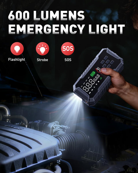Person using Turbo Boost Eight In One Car Jump Starter with 600 lumens LED light on car engine at night