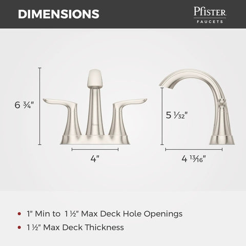 Diagram of Dope Brushed Nickel 4 Inch Centerset Bathroom Faucet With Two Handles And Three Hole Vanity Sink Faucet Featuring Push And Seal Drain TiteSeal Technology WaterSense Certified, showing dimensions and design features.