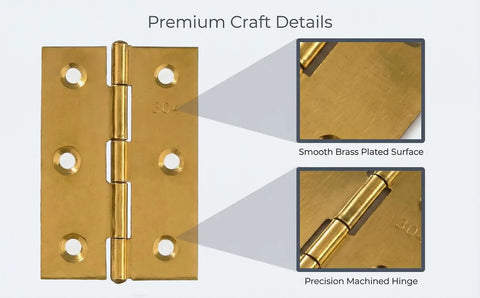 Four Pack Gold Door Hinges 3 Inch Stainless Steel Butt Hinges For Furniture Doors Windows Jewelry Boxes Cabinets DIY Projects With 24 M4x20mm Screws Rustproof Brass Plated Durable Silent 6 Hole Hinges For Smooth Quiet Operation, showing brass-plated detail and precision hinge.