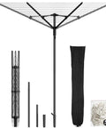 Heavy Duty Outdoor Umbrella Drying Rack With 360 Degree Rotating Drying Arms Height Adjustable Clothesline For Large Blankets And Sheets Massive 13 Row Capacity For Backyard Balcony Camping RV Black, disassembled parts with carry bag and pegs