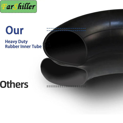 Comparison of Heavy Duty 16x6.50-8 And 16x7.50-8 Inner Tube With Straight Valve Stem highlighting thickness and durability.