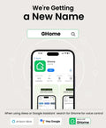 Phone screen showing GHome app for smart home control with Alexa and Google Home compatibility, search bar above, icons below.
