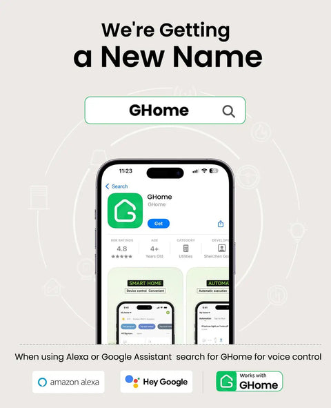 Phone screen showing GHome app for smart home control with Alexa and Google Home compatibility, search bar above, icons below.