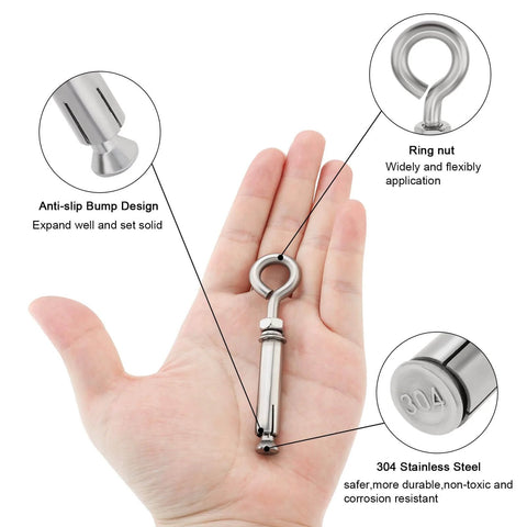 Hand holding 10 Pack M6 89mm Concrete Eye Bolts Stainless Steel Wall Eyebolts with close-up details of features and material.