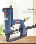 Pneumatic Carton Sealing And Side Stapler For Corrugated Boxes Air Sealer Nailer Gun SP50-10B Lightweight Yet Durable Box Packing Tool With 3.9 KG/CM2 Working Pressure Great For Fast Pro-Grade Packaging. blue metal box stapler with air connector