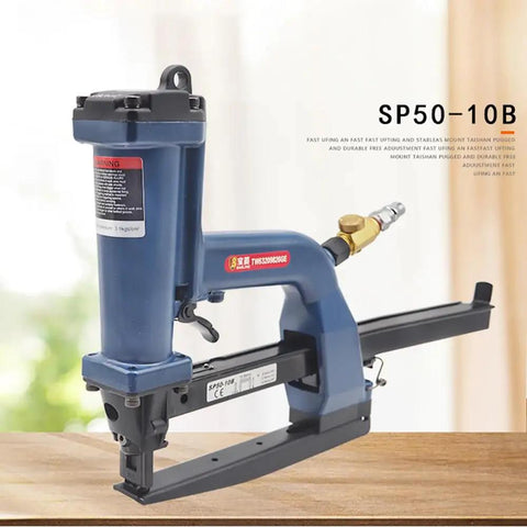 Pneumatic Carton Sealing And Side Stapler For Corrugated Boxes Air Sealer Nailer Gun SP50-10B Lightweight Yet Durable Box Packing Tool With 3.9 KG/CM2 Working Pressure Great For Fast Pro-Grade Packaging. blue metal box stapler with air connector