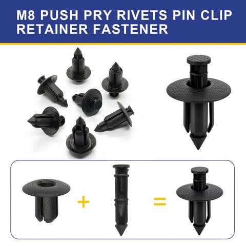 Universal Plastic Rivet Kit 120Pc For ATV UTV Motorcycle M6 M7 M8 Retainer Fasteners Replacement, M8 push rivets displayed