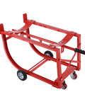 Heavy Duty Steel Drum Cradle For 55 Gallon Barrels With Retractable Lever And Rock Solid Build, red frame on wheels.