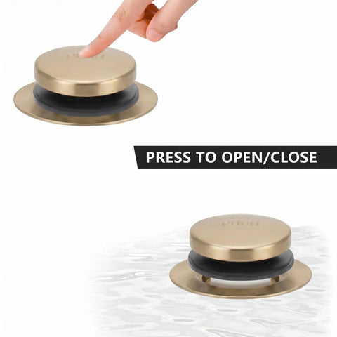 Top Shelf Champagne Bronze Bathtub Drain Stopper With Tip Toe Overflow Faceplate and Warm Brushed Gold Finish for Classy Bathroom Refresh Quick Swap and Done, showing finger pressing.