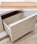 Open drawer showing wooden drawer slides replacement with bottom mounted dresser rails, smooth close bearing glide for furniture.