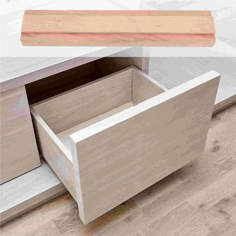 Open drawer showing wooden drawer slides replacement with bottom mounted dresser rails, smooth close bearing glide for furniture.