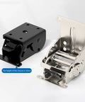 Front view of industrial locking hinges: black housing and silver foldable leg bracket for tables and workbenches.