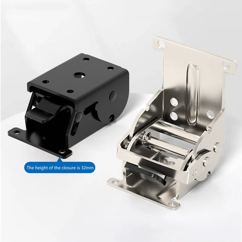 Front view of industrial locking hinges: black housing and silver foldable leg bracket for tables and workbenches.