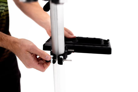 Installing Universal Bicycle Repair Stand Tool Tray With Adjustable Work Surface on repair stand tube