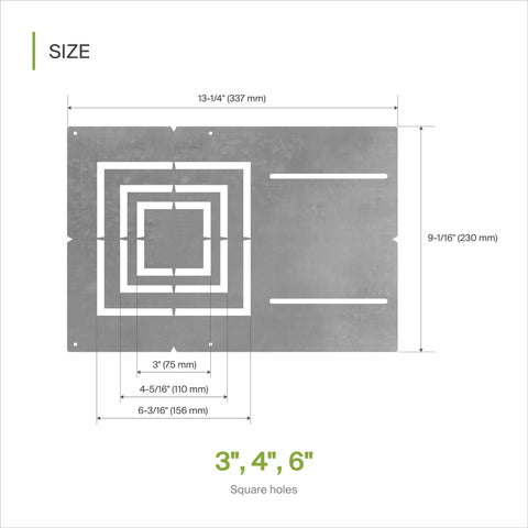 Diagram of New Construction Recessed LED Mounting Plate with Square Holes, shows dimensions for 3-4-6 inch shallow housing.