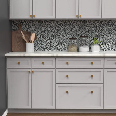 Modern kitchen with Square Kitchen Cabinet Knobs 10 Pack 1-3/16 Inch Matte Black Handles on white cabinets.