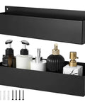 Two Pack Magnetic Storage Can Holder Set For Desk Or Wall Mount, Space Saving Metal Organizer, shown with toiletries.