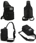 Compact Tactical Travel Sling Bag With Molle System Crossbody Shoulder Pack, 900D Nylon, black, multiple angles, American flag patch.