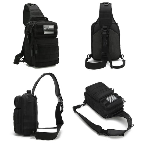Compact Tactical Travel Sling Bag With Molle System Crossbody Shoulder Pack, 900D Nylon, black, multiple angles, American flag patch.