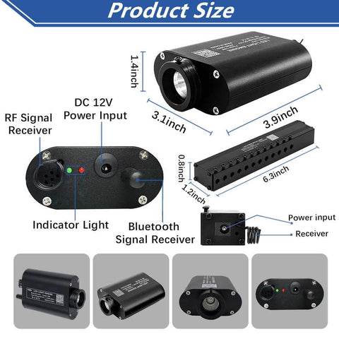 Lit Starry Sky Fiber Optic Lights Kit 16W For Car And Home Decor size guide showing dimensions and features of components, 0.03in cable diameter