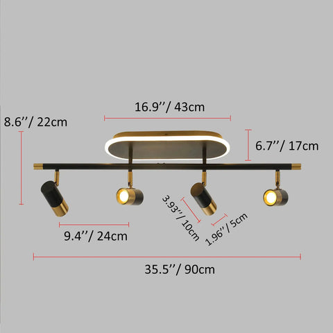 4 Light LED Track Lighting Kit With Dimmable Remote Industrial Track Heads Adjustable Ceiling Fixture, black, side view, dimensions visible.
