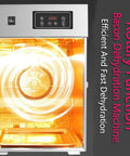 Straight Up Stainless Steel 360 Degree Rotary Food Dehydrator And Sausage Dryer With Simple Dials And Timer For Killer Homemade Jerky And Garden Fresh Veggies, showing interior with rotary fan.