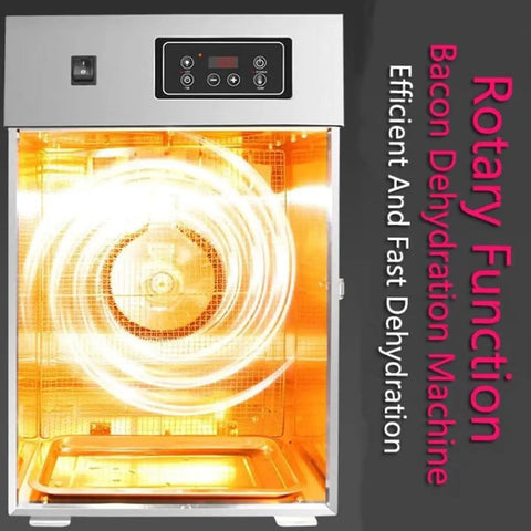 Straight Up Stainless Steel 360 Degree Rotary Food Dehydrator And Sausage Dryer With Simple Dials And Timer For Killer Homemade Jerky And Garden Fresh Veggies, showing interior with rotary fan.