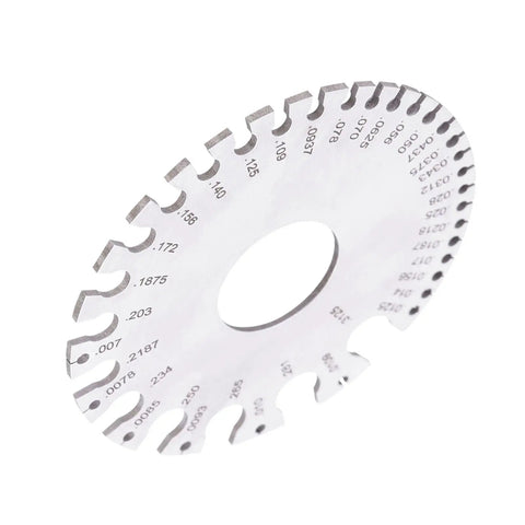Close-up of Stainless Steel Wire Diameter Gauge 0-36 Inch for Copper, Brass and Other Non Ferrous Metals, engraved scale visible.