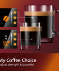 Killer Fully Automatic Espresso Machine With Slick Ceramic Grinder And One Touch Milk Frother For Silky Lattes And Bold Black Coffee Plus No Sweat Touch Panel And Smart Aqua Filter In Sleek Black Design showing adjustable coffee strength and cup quantity settings.