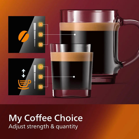 Killer Fully Automatic Espresso Machine With Slick Ceramic Grinder And One Touch Milk Frother For Silky Lattes And Bold Black Coffee Plus No Sweat Touch Panel And Smart Aqua Filter In Sleek Black Design showing adjustable coffee strength and cup quantity settings.