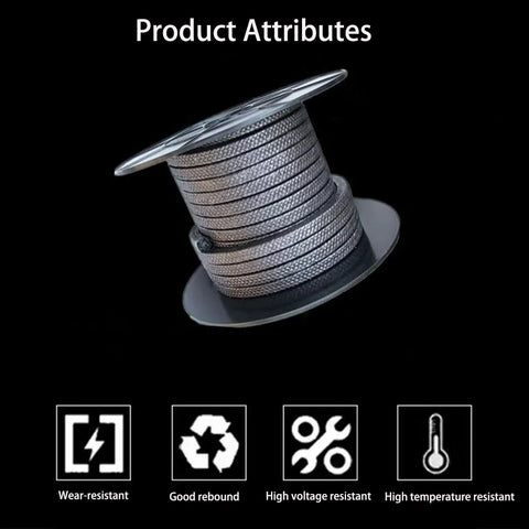 Graphite braided packing rope on spool, front view, 3/8 in diameter, 12 ft long, high-temperature pump seal