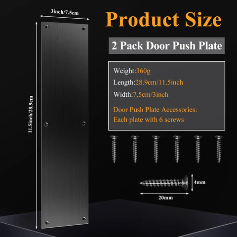 Tough As Nails 2 Pack Stainless Steel Door Push Plates 11.5 By 3 Inch Slick Black Kick Shield with mounting hardware and screws.