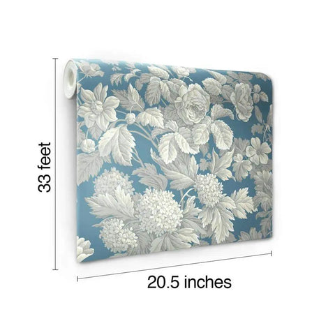 French Antique Floral Removable Wallpaper In Wedgwood Blue Gray And White, Double Roll Set Delivering 56 Sq Ft