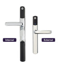 No Sweat Smart Keyless Front Door Handle With Polished Brass Finish And Smartphone App Control For Zero Stress Home Security, Internal and External views